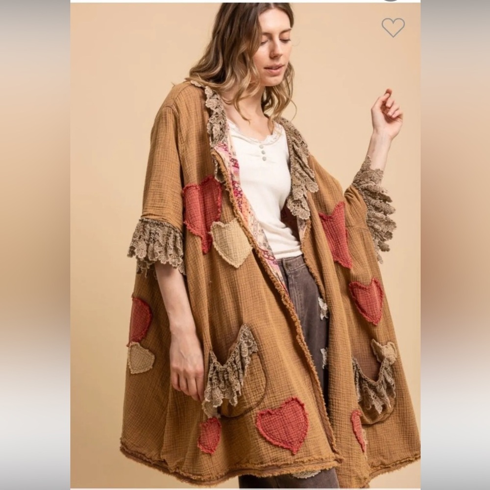Blue velvet ruffle lace patchwork Women's Heart Patterned Brown kimono